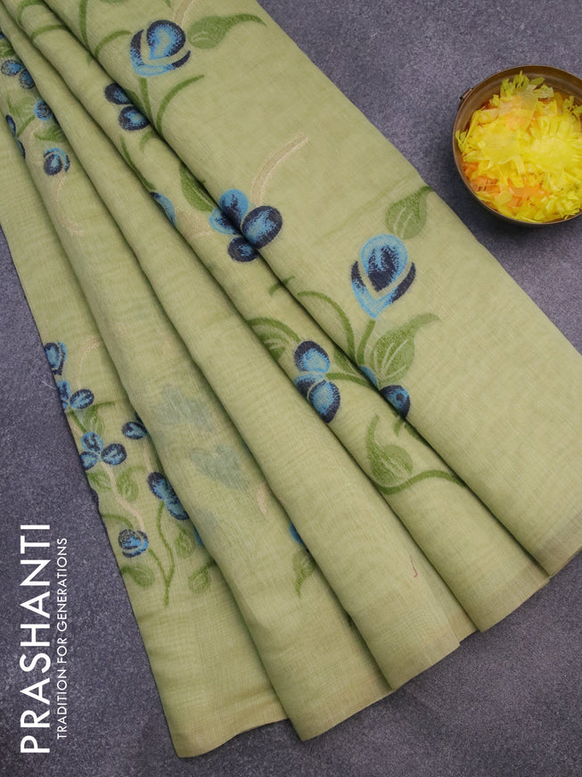 Munga cotton saree pista green with thread & zari woven buttas in borderless style