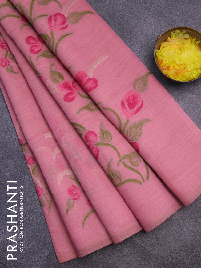 Munga cotton saree pastel pink with thread & zari woven buttas in borderless style