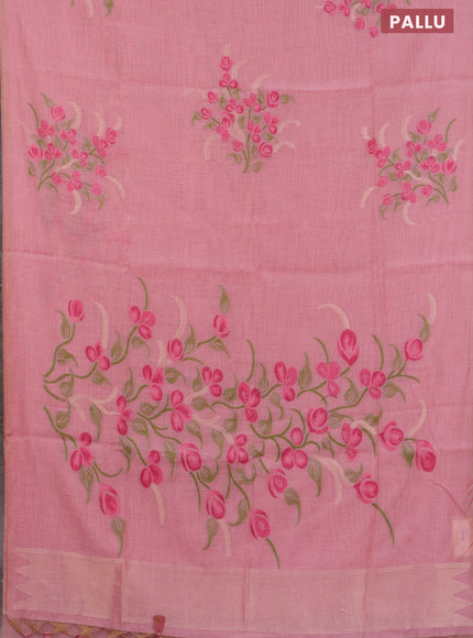 Munga cotton saree pastel pink with thread & zari woven buttas in borderless style