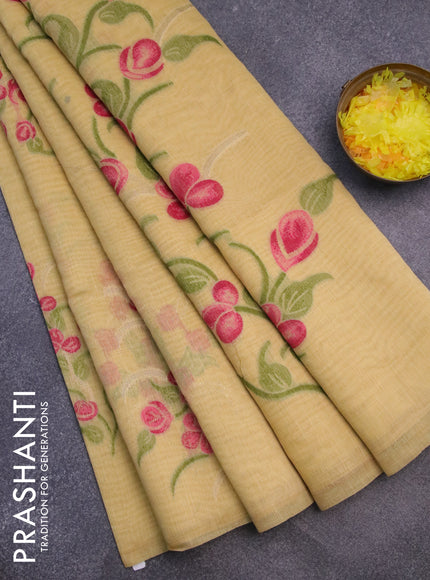 Munga cotton saree yellow with thread & zari woven buttas in borderless style