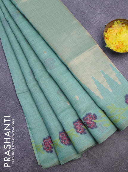 Munga cotton saree teal green with thread & zari woven buttas and thread woven border