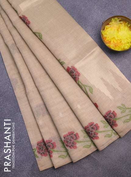 Munga cotton saree beige with thread & zari woven buttas and thread woven border