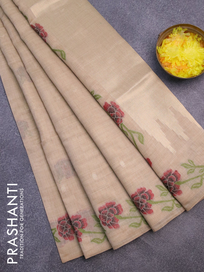 Munga cotton saree beige with thread & zari woven buttas and thread woven border