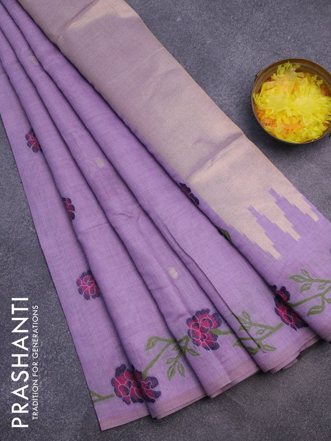 Munga cotton saree lavender shade with thread & zari woven buttas and thread woven border