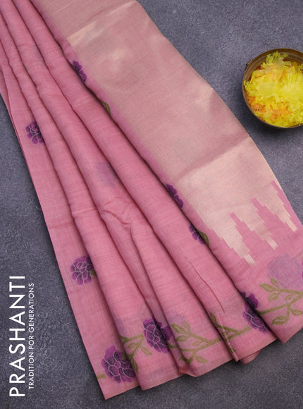 Munga cotton saree peach pink with thread & zari woven buttas and thread woven border