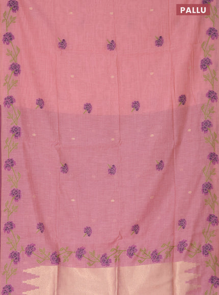 Munga cotton saree peach pink with thread & zari woven buttas and thread woven border