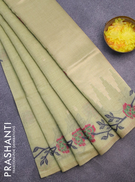 Munga cotton saree pista green with thread & zari woven buttas and thread woven border