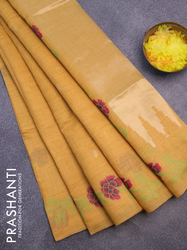 Munga cotton saree mustard yellow with thread & zari woven buttas and thread woven border