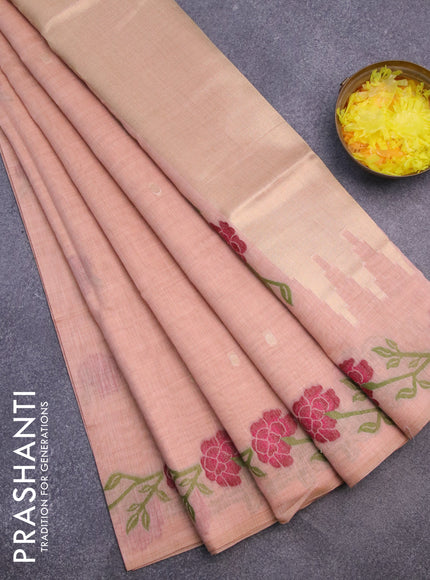 Munga cotton saree peach orange with thread & zari woven buttas and thread woven border