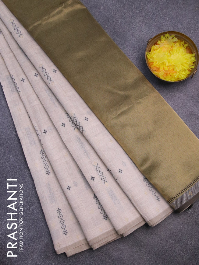 Munga cotton saree beige and black with allover thread weaves in borderless style