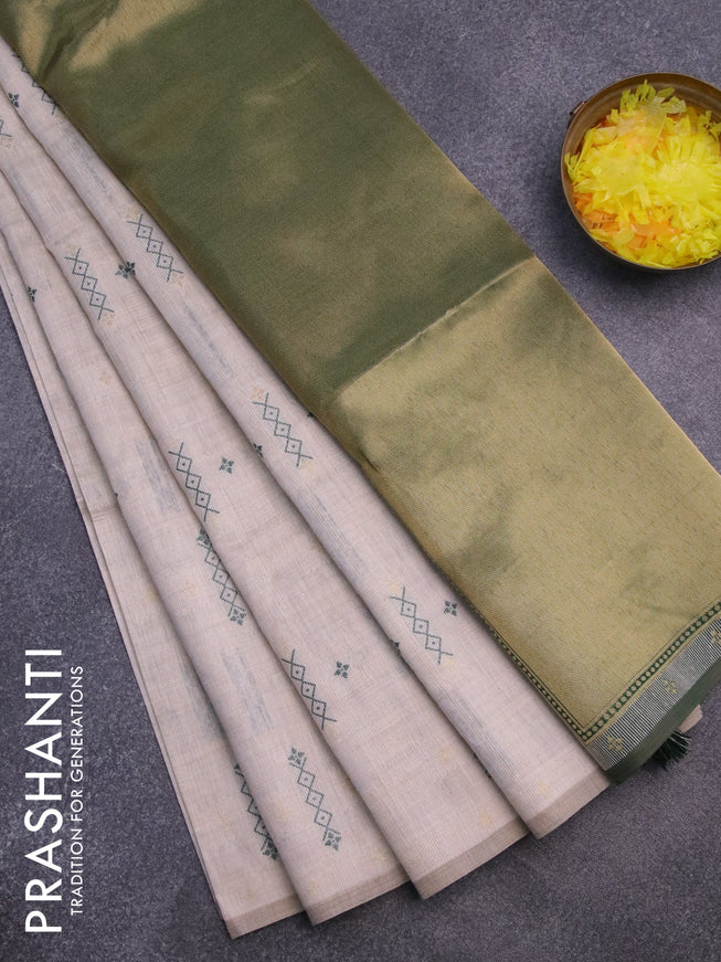 Munga cotton saree beige and dark green with allover thread weaves in borderless style