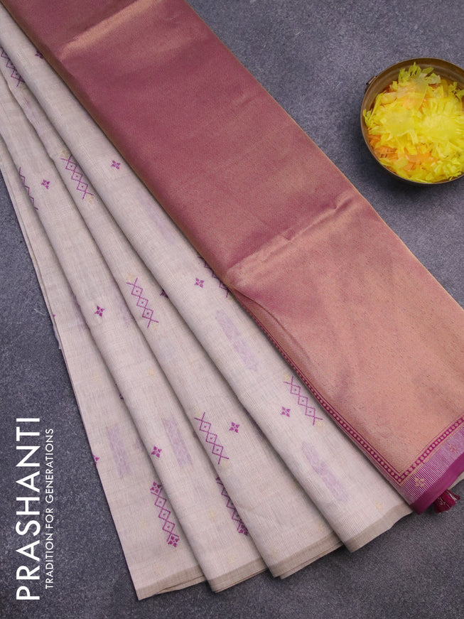 Munga cotton saree beige and purple with allover thread weaves in borderless style