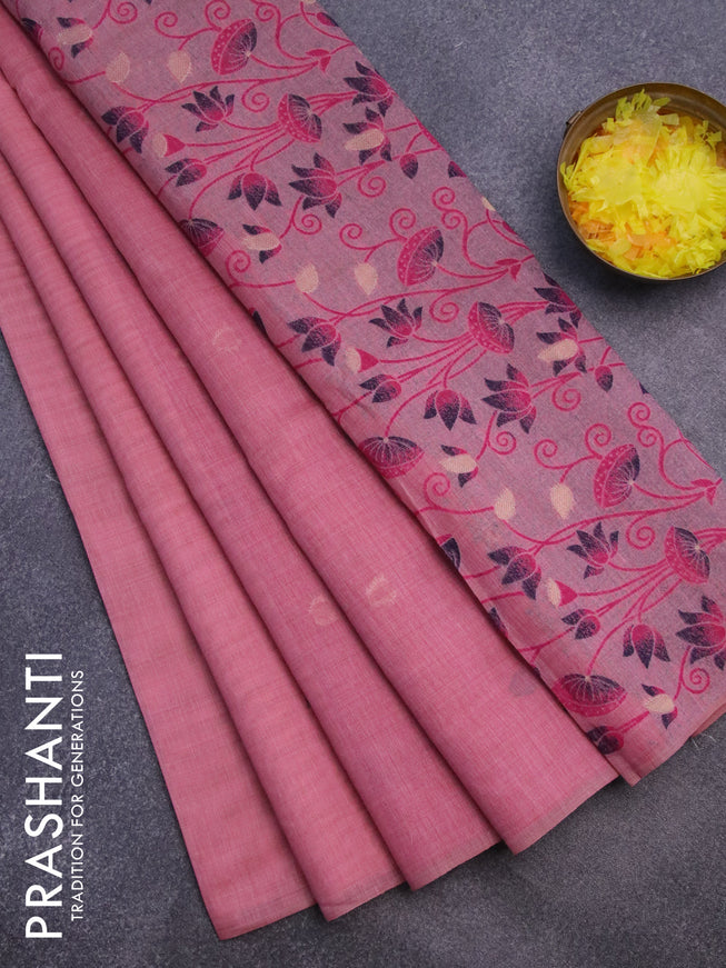 Munga cotton saree pastel pink with thread woven floral buttas in borderless style