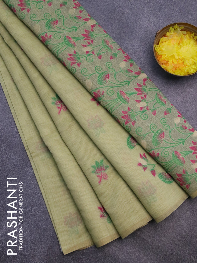 Munga cotton saree pista green with thread woven floral buttas in borderless style