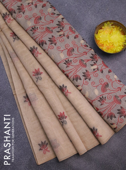 Munga cotton saree beige with thread woven floral buttas in borderless style