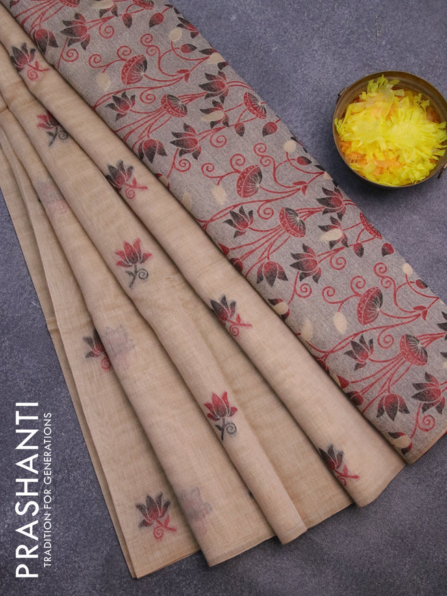 Munga cotton saree beige with thread woven floral buttas in borderless style