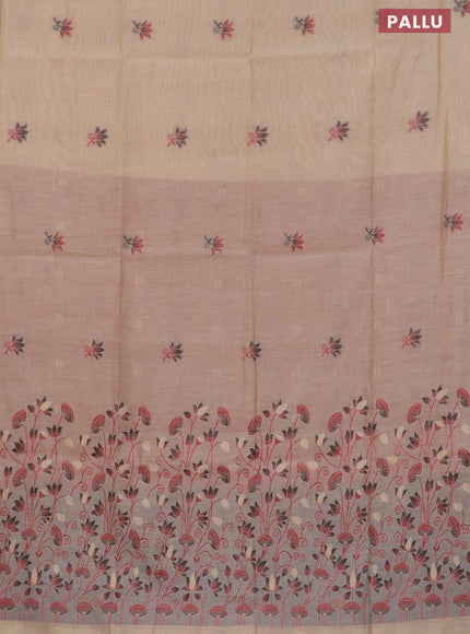 Munga cotton saree beige with thread woven floral buttas in borderless style