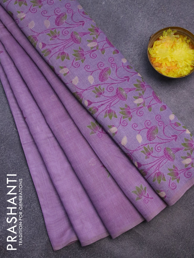 Munga cotton saree lavender shade with thread woven floral buttas in borderless style