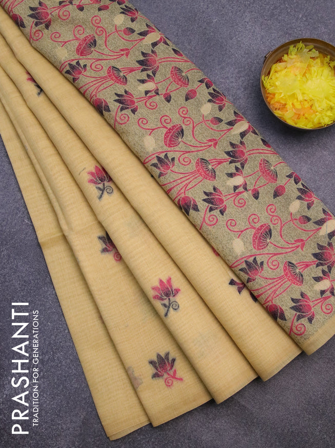 Munga cotton saree yellow with thread woven floral buttas in borderless style