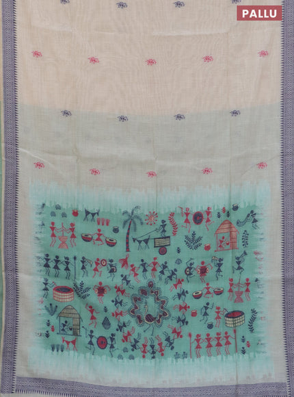 Munga cotton saree beige and teal green shade with thread woven warli buttas and thread woven border