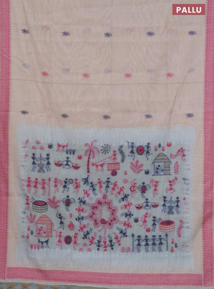 Munga cotton saree beige and pastel blue shade with thread woven warli buttas and thread woven border