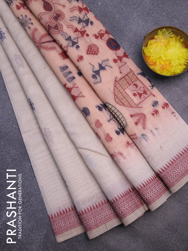 Munga cotton saree beige and pastel peach with thread woven warli buttas and thread woven border