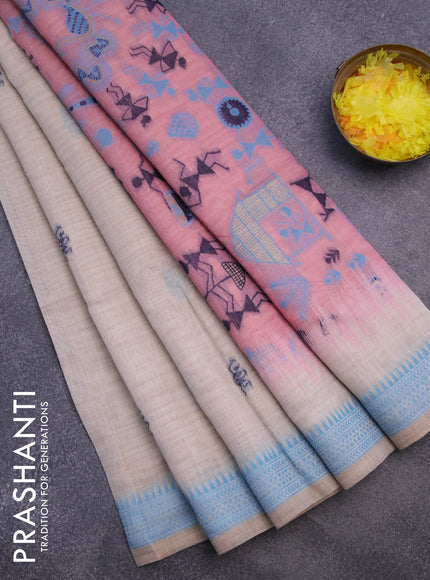 Munga cotton saree beige and peach pink with thread woven warli buttas and thread woven border