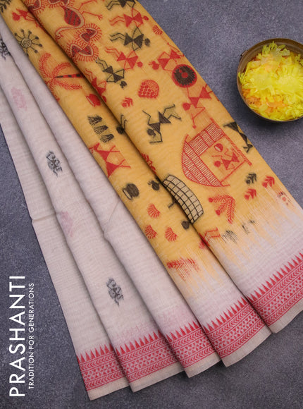 Munga cotton saree beige and yellow with thread woven warli buttas and thread woven border