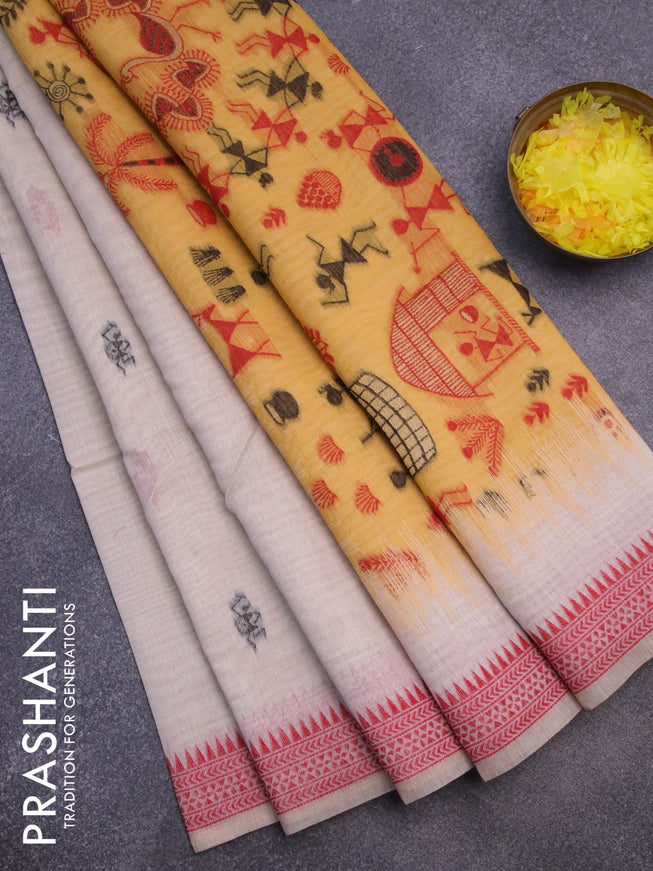 Munga cotton saree beige and yellow with thread woven warli buttas and thread woven border