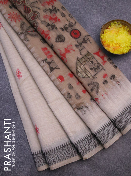 Munga cotton saree beige and pastel brown with thread woven warli buttas and thread woven border