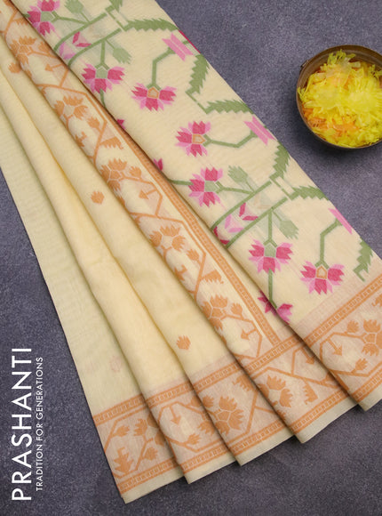 Munga cotton saree pale yellow and mustard yellow with thread & zari woven buttas and thread woven border