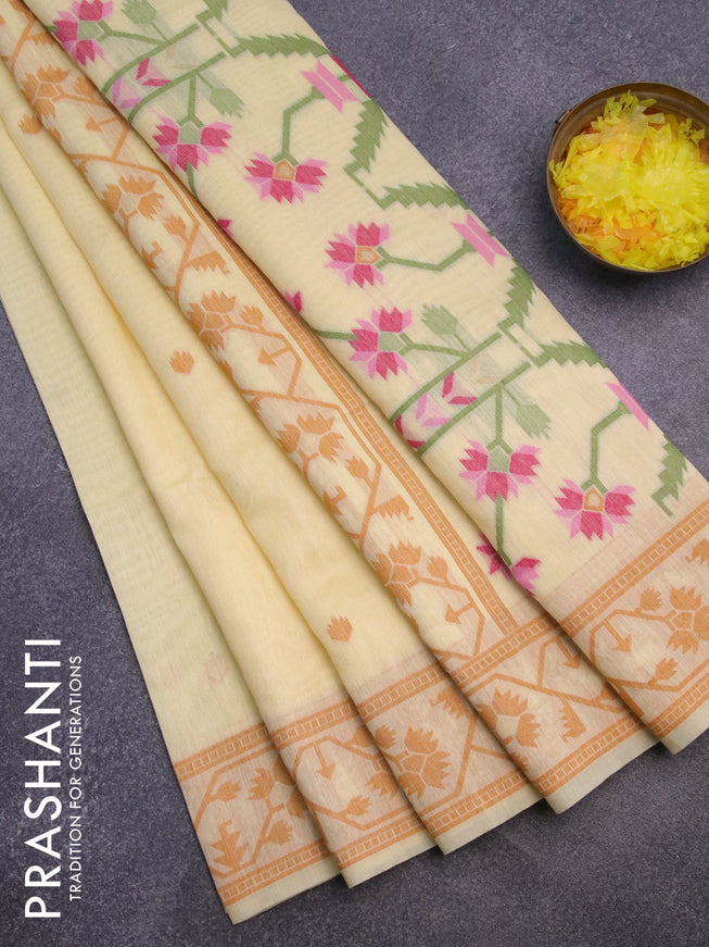 Munga cotton saree pale yellow and mustard yellow with thread & zari woven buttas and thread woven border