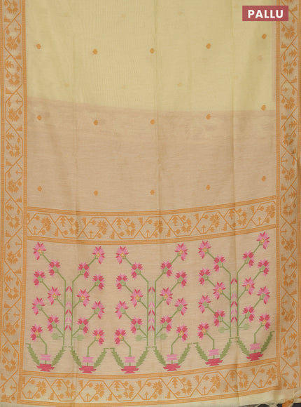 Munga cotton saree pale yellow and mustard yellow with thread & zari woven buttas and thread woven border