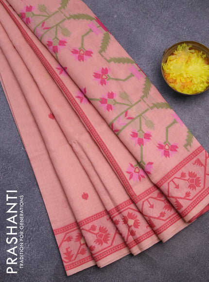 Munga cotton saree peach orange and kumkum red with thread & zari woven buttas and thread woven border