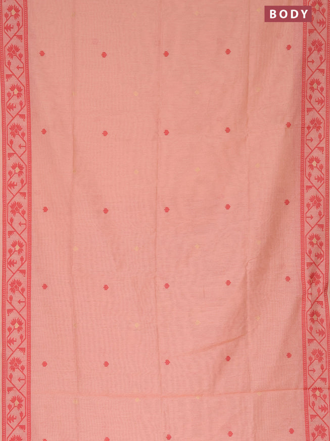 Munga cotton saree peach orange and kumkum red with thread & zari woven buttas and thread woven border