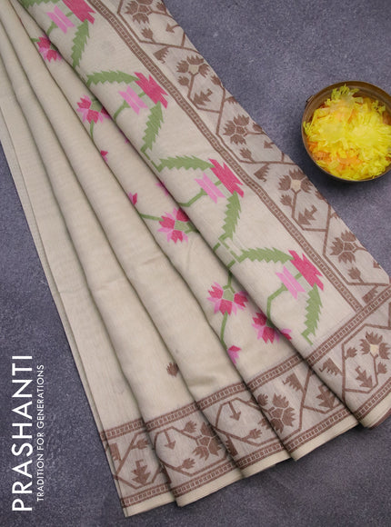 Munga cotton saree beige and coffee brown with thread & zari woven buttas and thread woven border