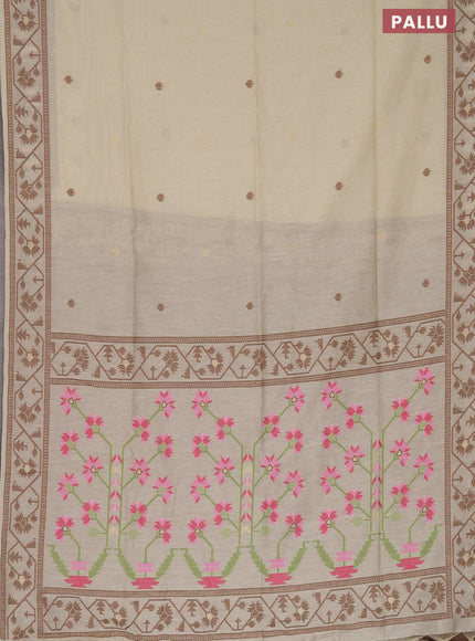 Munga cotton saree beige and coffee brown with thread & zari woven buttas and thread woven border