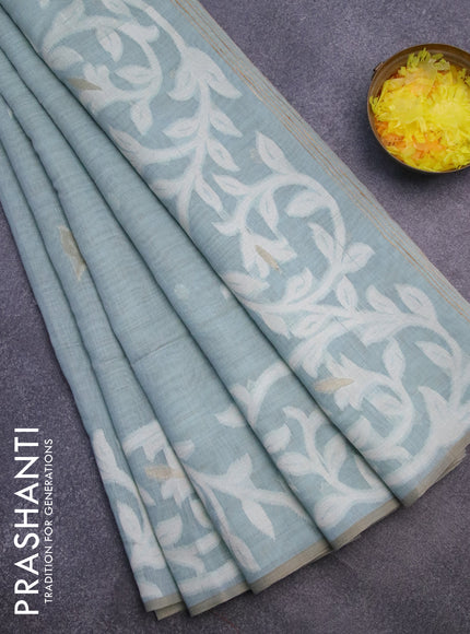 Munga cotton saree pastel green shade with thread & zari woven buttas in borderless style