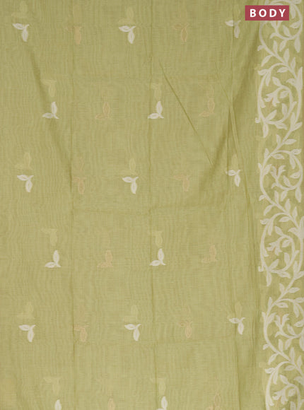 Munga cotton saree pista green with thread & zari woven buttas in borderless style