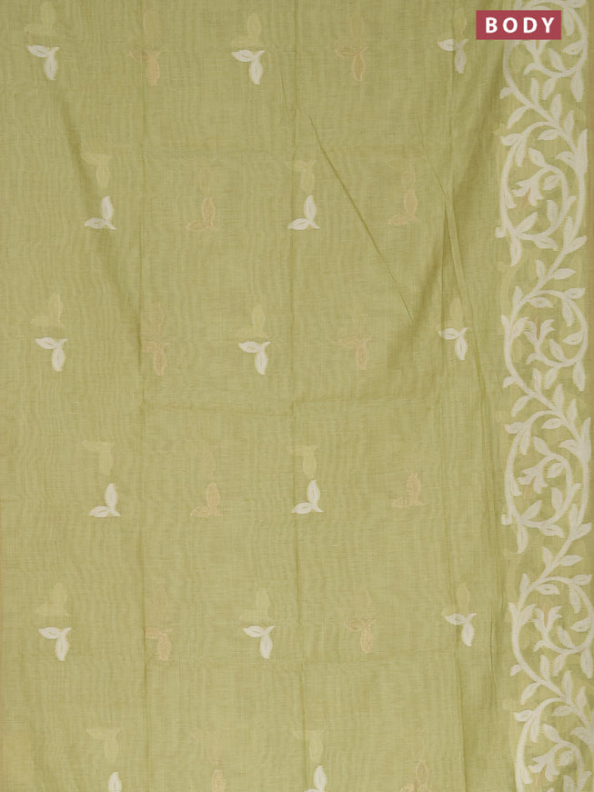 Munga cotton saree pista green with thread & zari woven buttas in borderless style