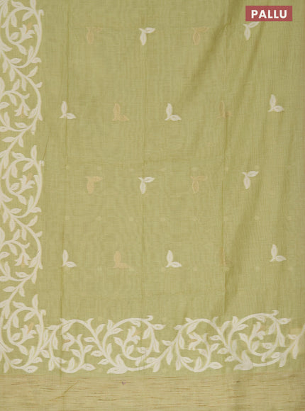 Munga cotton saree pista green with thread & zari woven buttas in borderless style