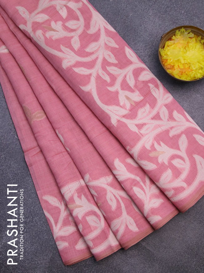 Munga cotton saree pastel pink with thread & zari woven buttas in borderless style