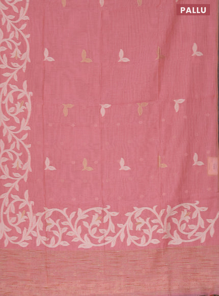 Munga cotton saree pastel pink with thread & zari woven buttas in borderless style