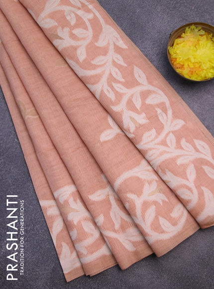 Munga cotton saree pastel peach orange with thread & zari woven buttas in borderless style