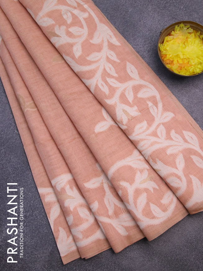 Munga cotton saree pastel peach orange with thread & zari woven buttas in borderless style