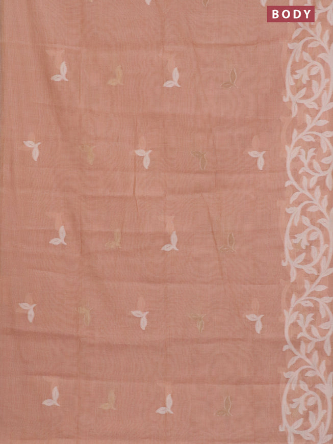 Munga cotton saree pastel peach orange with thread & zari woven buttas in borderless style