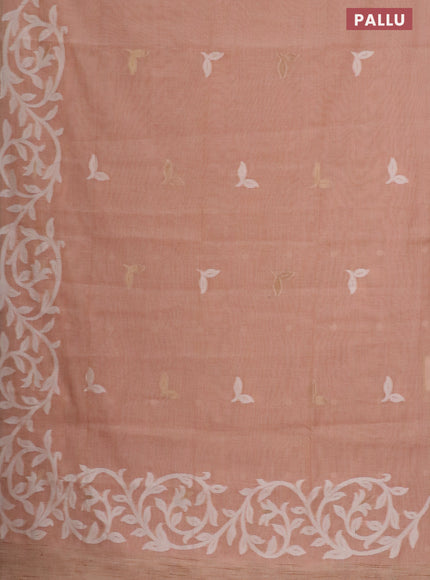 Munga cotton saree pastel peach orange with thread & zari woven buttas in borderless style