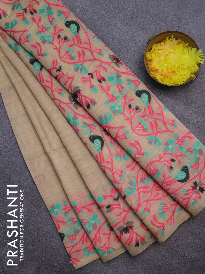 Munga cotton saree beige with thread woven floral buttas and woven border