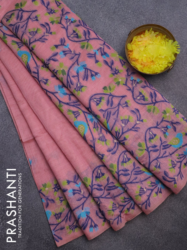 Munga cotton saree pastel pink with thread woven floral buttas and woven border