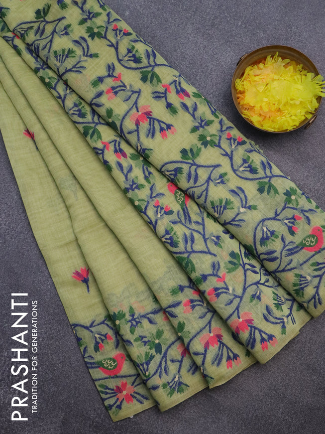 Munga cotton saree pista green with thread woven floral buttas and woven border